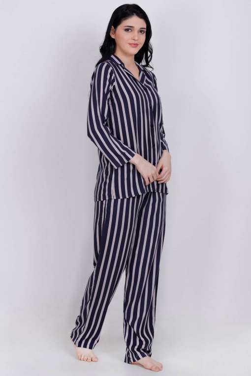 Plus Size Navy Blue Stripes Top & Pyjama Set
