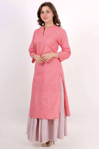Light Pink Printed Kurta With Skirt Set