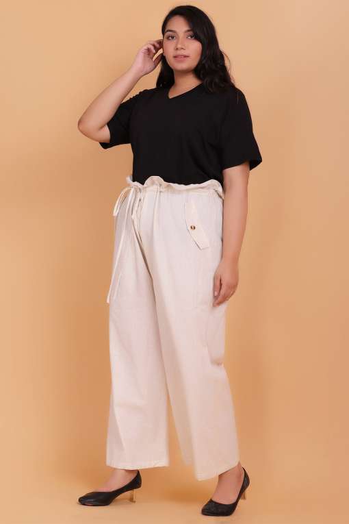 Paperbag Style High-Waist Cotton Trousers