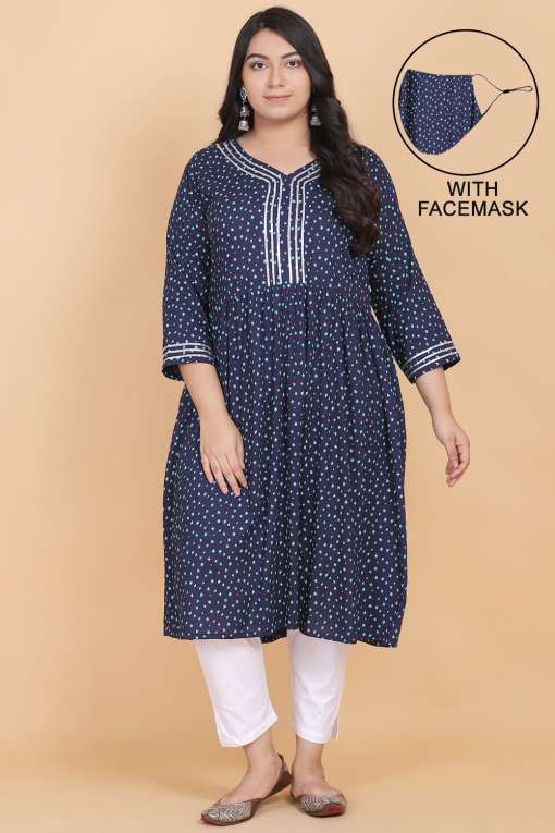 Printed Blue Flared Kurti With Face Mask
