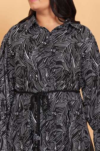 Tropical Black Ruffle Shirt Dress