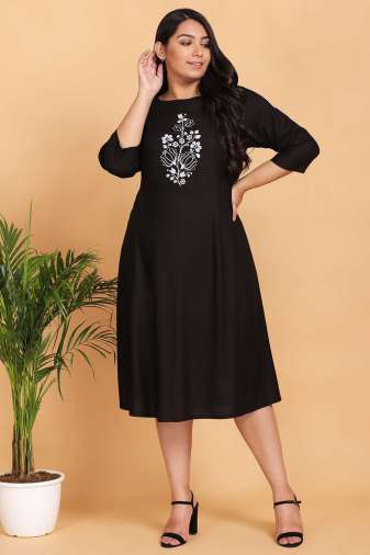 Solid Black Embroidered Midi Dress