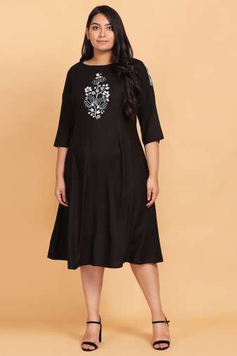 Solid Black Embroidered Midi Dress