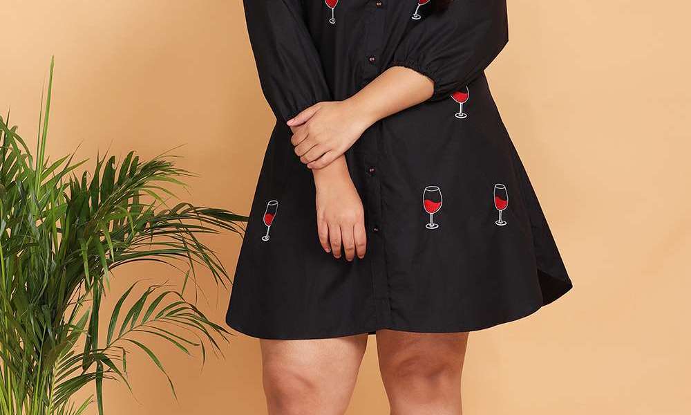 Wine Embroidered Shirt Dress