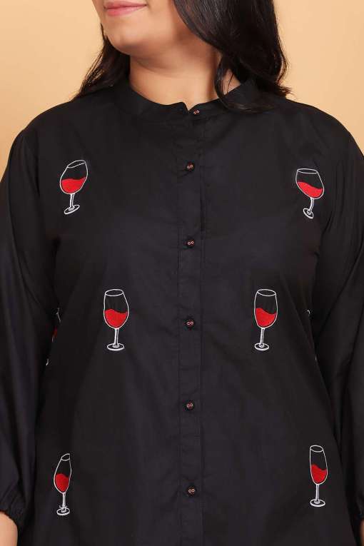 Wine Embroidered Shirt Dress