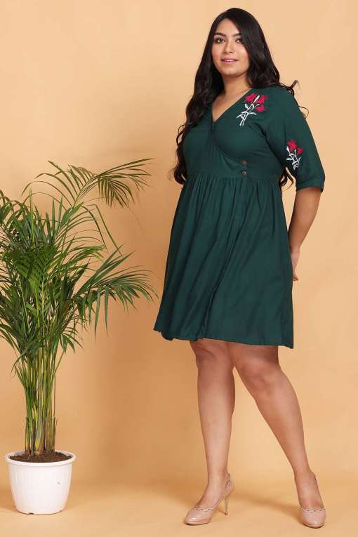 Bottle Green Embroidered Wrap Dress