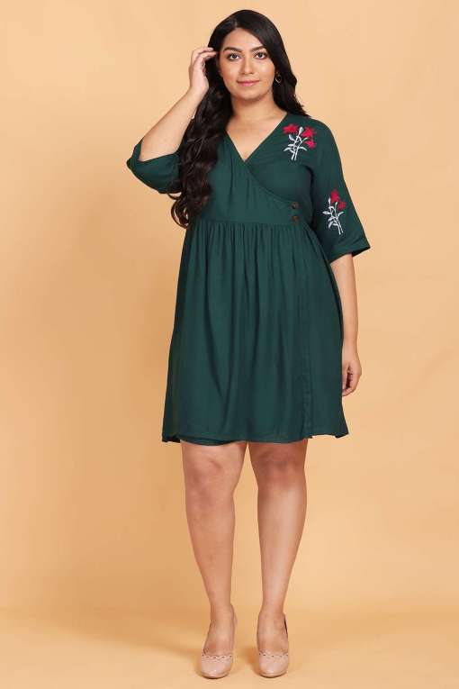 Bottle Green Embroidered Wrap Dress