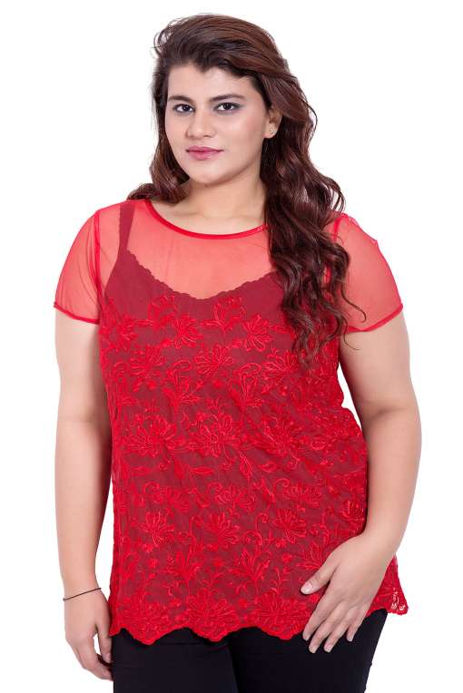 Net Embroidered Red Top