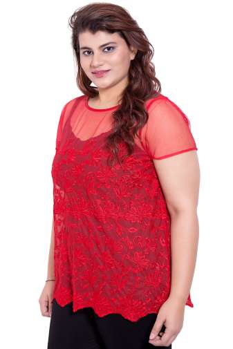Net Embroidered Red Top