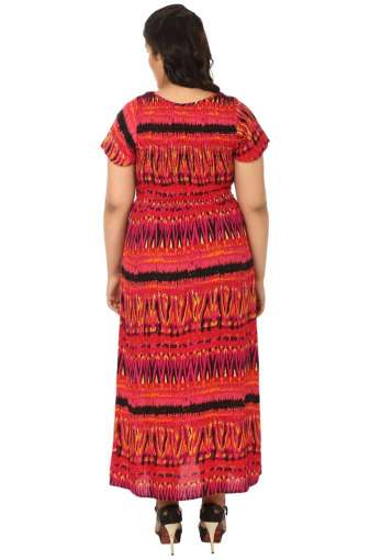 Red Multi Print Smoked Beach Gown