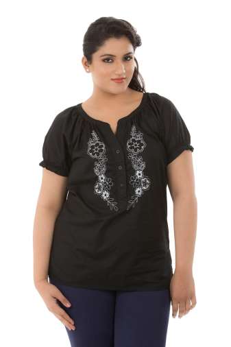 Black Cotton Top With Embroidered Neck