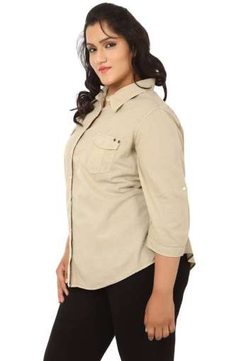 Plus Size Beige Solid 3/4 Sleeves Shirt