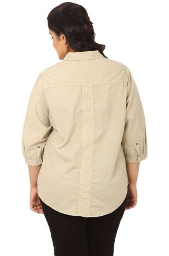 Plus Size Beige Solid 3/4 Sleeves Shirt