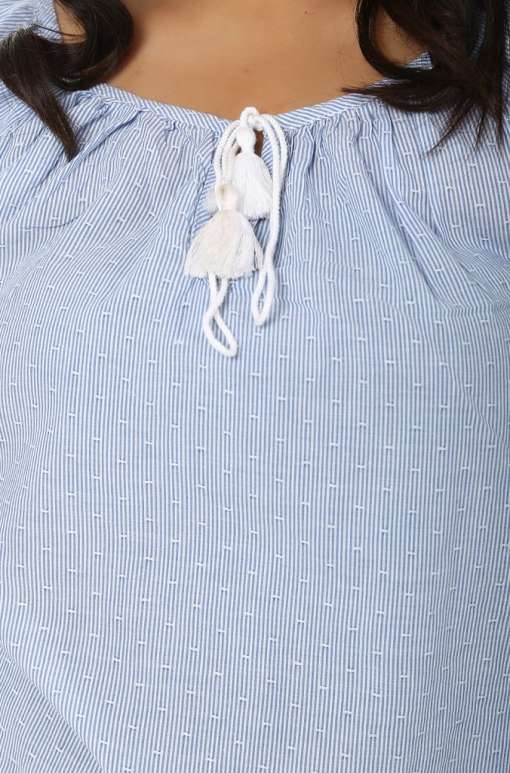 Light Blue Striped Top With Tassel Tie-Up