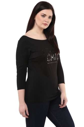 Black Drop Shoulder Sequined T-Shirt
