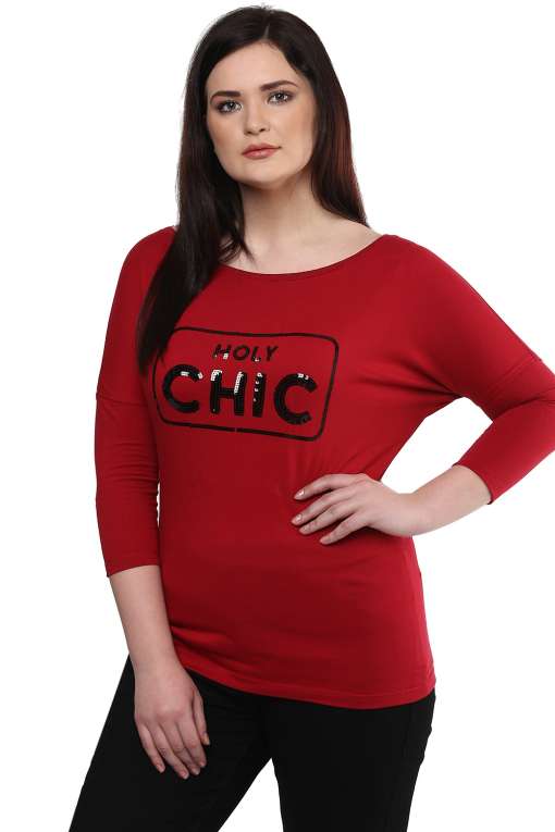 Red Drop Shoulder Sequined T-Shirt