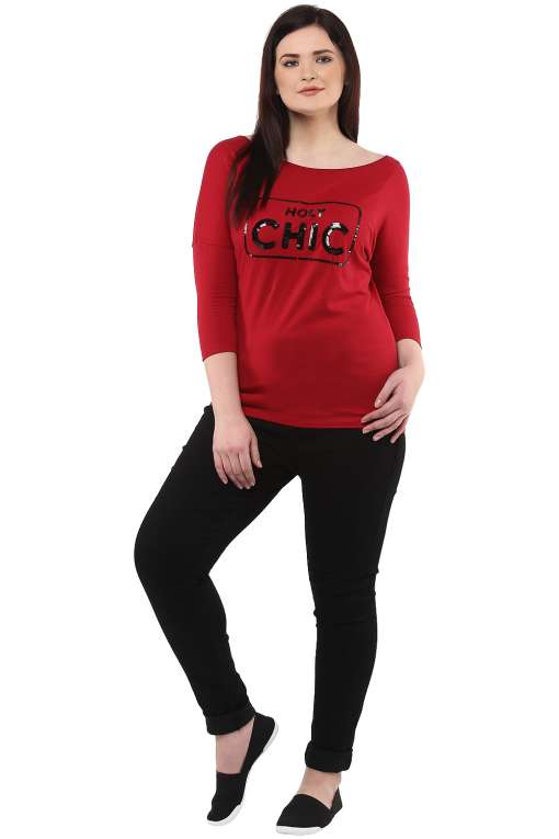 Red Drop Shoulder Sequined T-Shirt