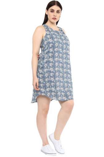 Plus Size Blue Cotton Floral Print Dress