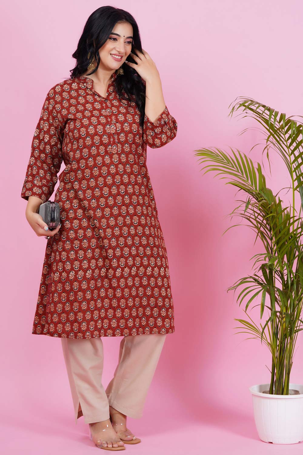 Shop Grey Cotton Floral Print Round-Neck Straight Kurta Collection Online  at Soch India