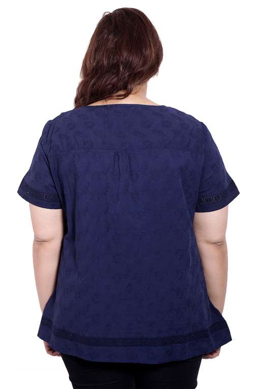 Navy Blue Embroidered Half Sleeve Top