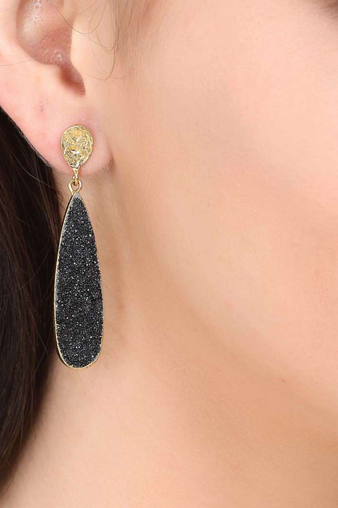 Black Druzy Oval Long Earrings
