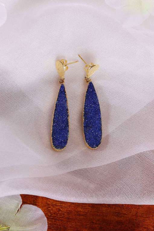 Blue Druzy Oval Long Earrings