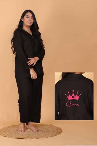 Queen Embroidery Black Night Suit Set