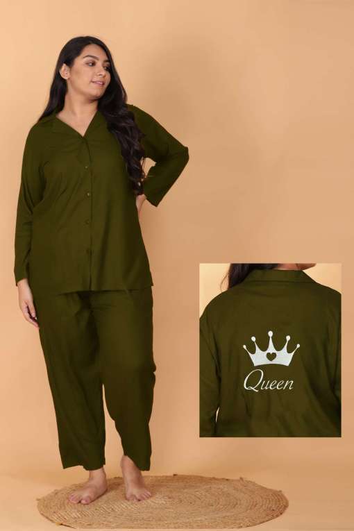 Olive Green Queen Embroidered Night Suit Set