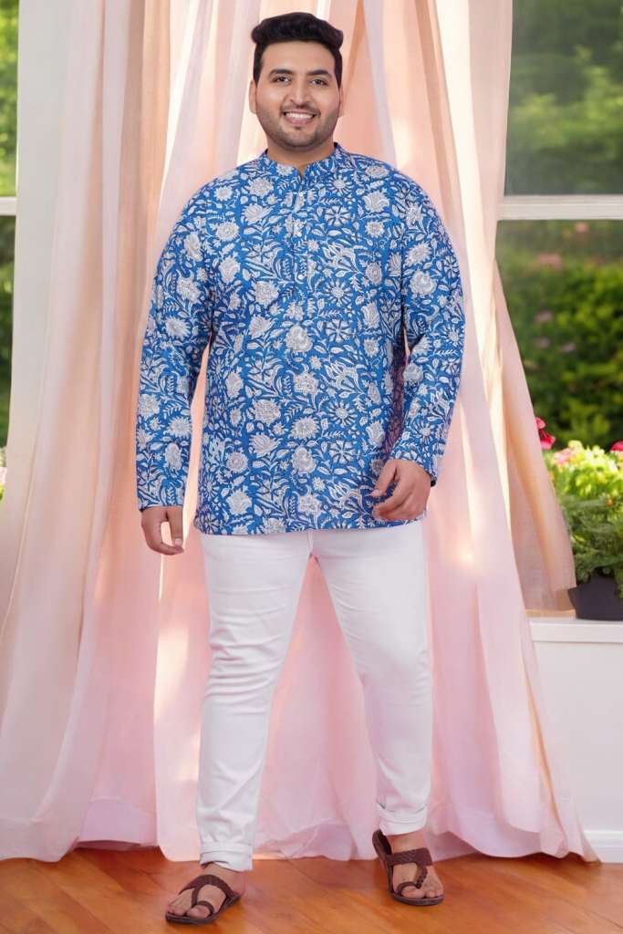 Men Blossom Blue Short Kurta