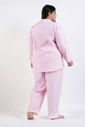 Pink & White Striped Embroidered Pocket Night Suit
