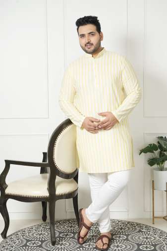 Plus Size Classic Yellow Stripes Cotton Straight Men Kurta