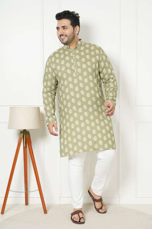 Plus Size Sage Green Printed Men Long Kurta