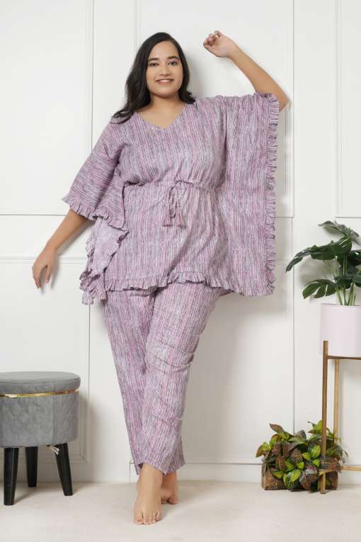 LastInch Pink Stripes Cotton Kaftan Night Suit Set