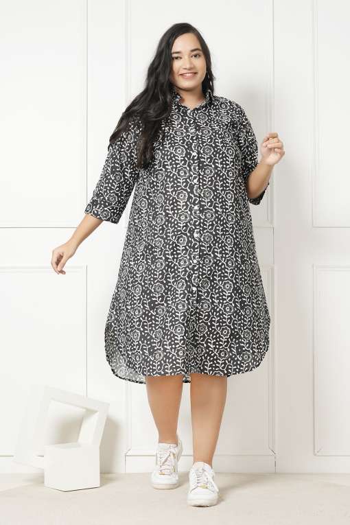 LastInch Black Bloom Cotton Shirt Dress